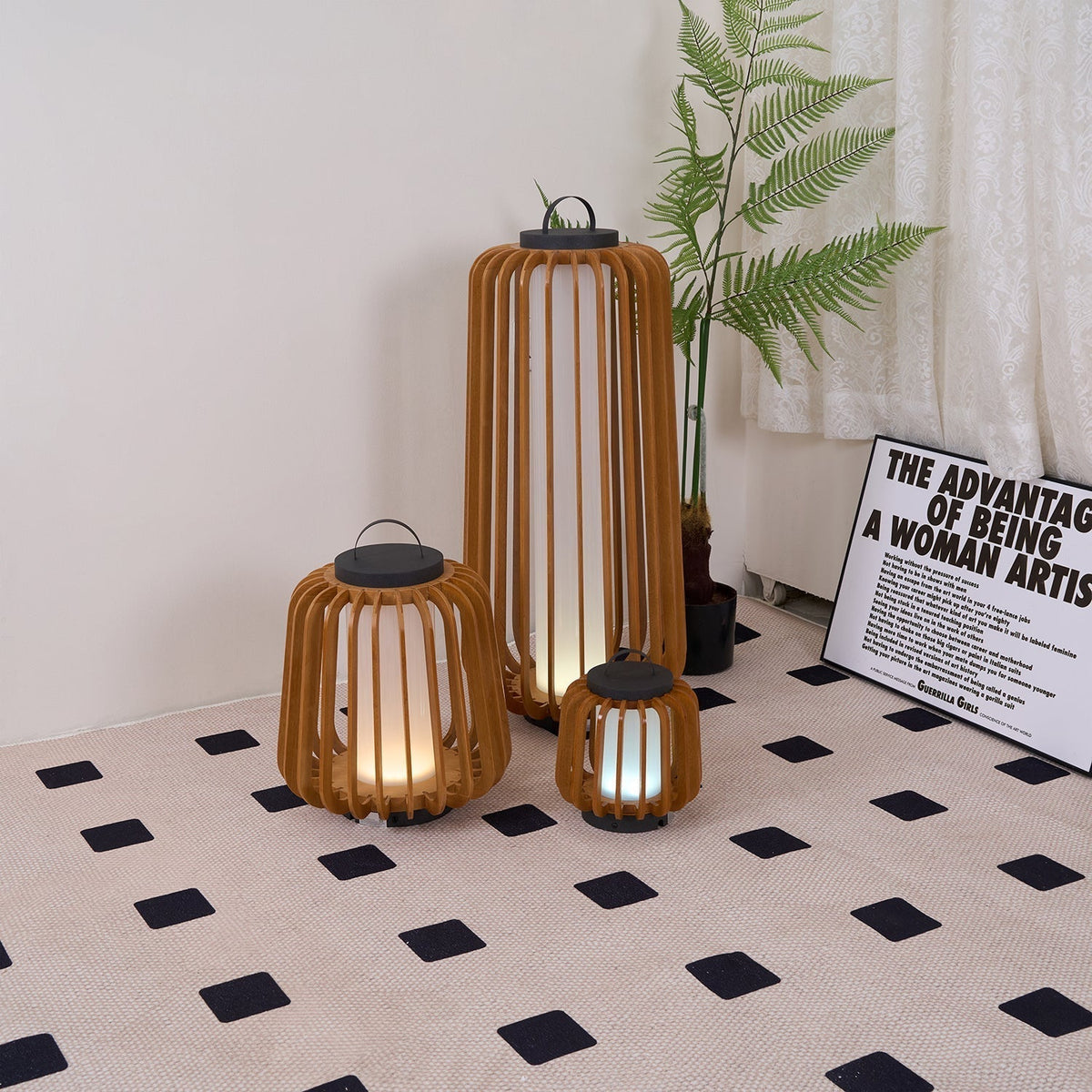 Elvelian Portable Rechargeable Wood Lantern Outdoor Light