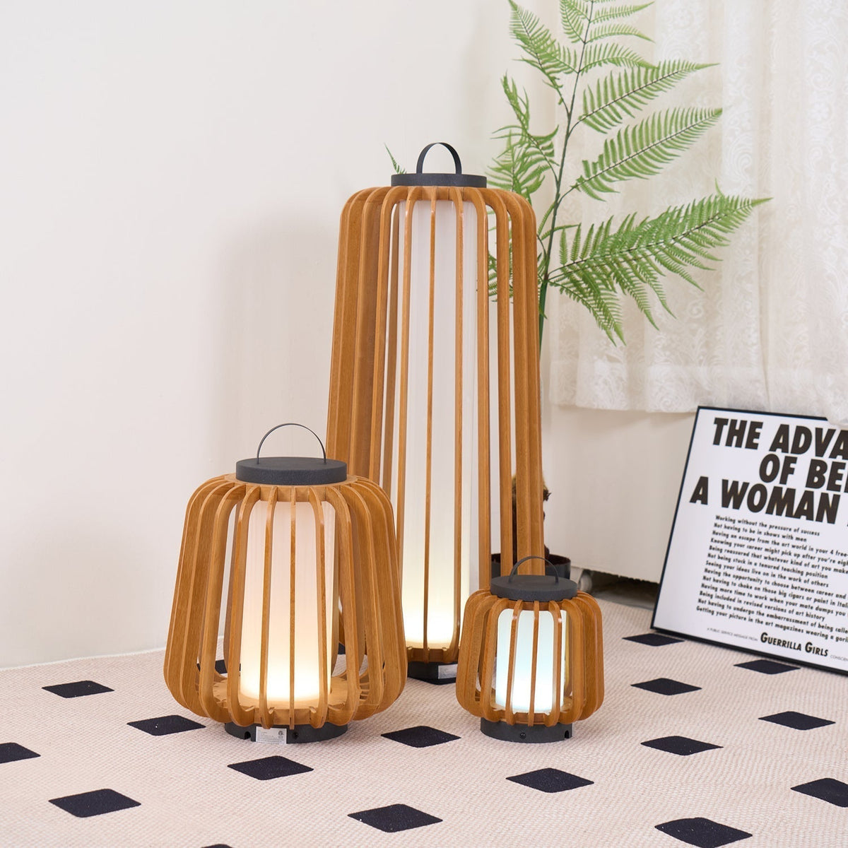 Elvelian Portable Rechargeable Wood Lantern Outdoor Light
