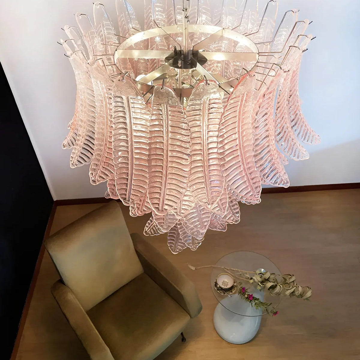 Liorisian Chandelier Pink Murano Glass Leaves Cascading Romantic
