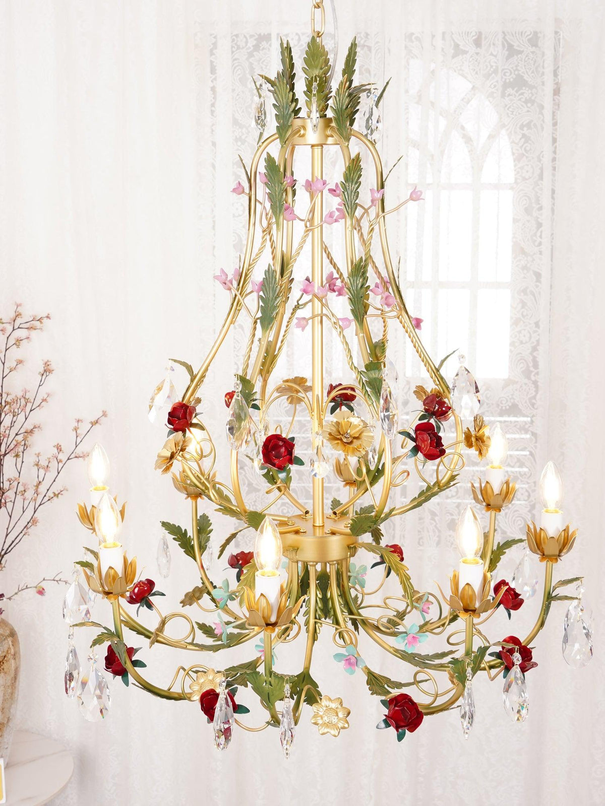 Selarella Chandelier Brass Floral Rose Crystal Candle