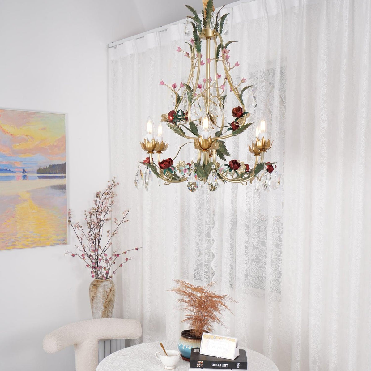 Selarella Chandelier Brass Floral Rose Crystal Candle