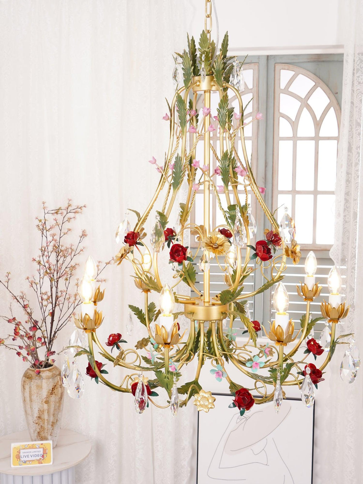 Selarella Chandelier Brass Floral Rose Crystal Candle