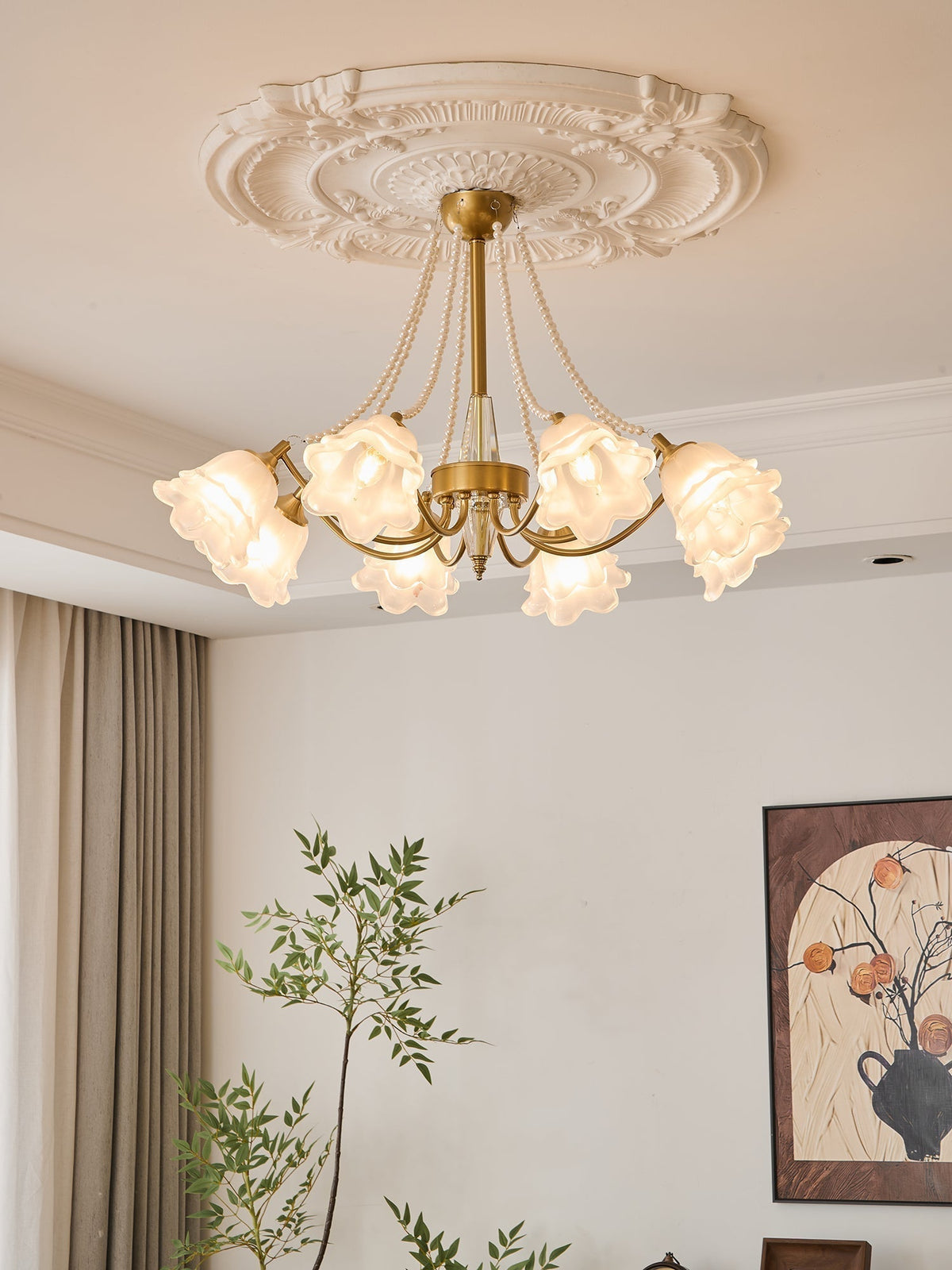 Allirila Traditional Elegance Vintage Bloom Pearls Glass Chandelier
