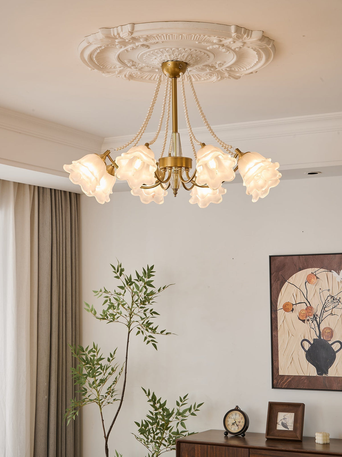 Allirila Traditional Elegance Vintage Bloom Pearls Glass Chandelier