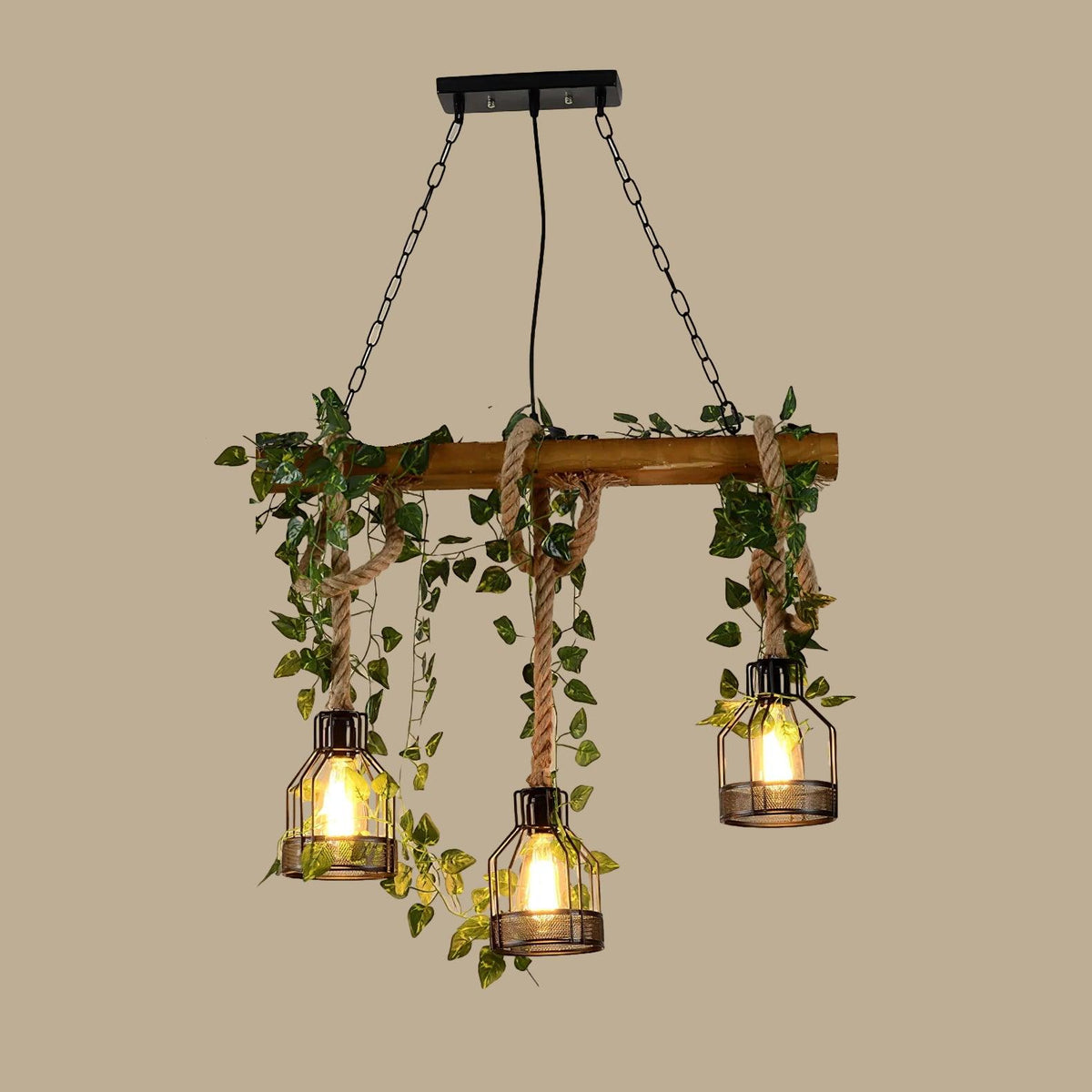 Qyron Chandelier Rustic Wooden Beam Rope Cage Cozy