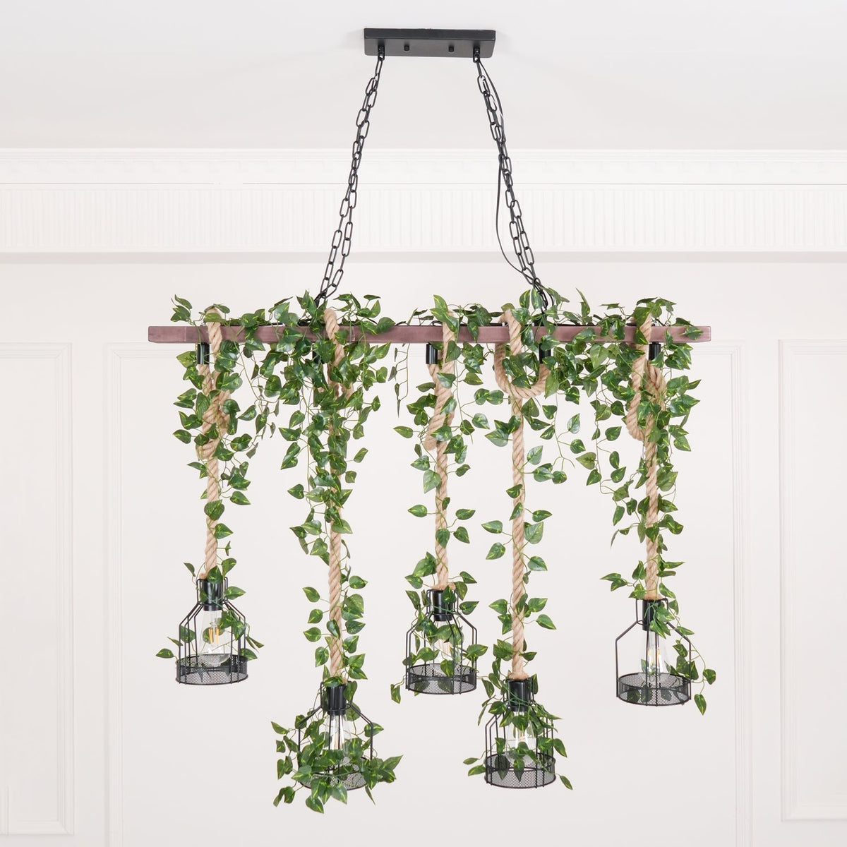 Qyron Chandelier Rustic Wooden Beam Rope Cage Cozy