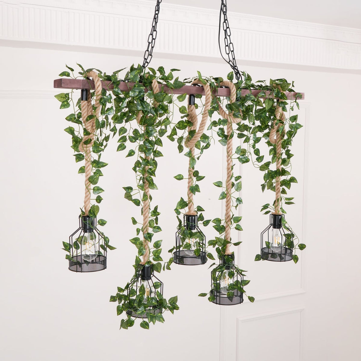 Qyron Chandelier Rustic Wooden Beam Rope Cage Cozy