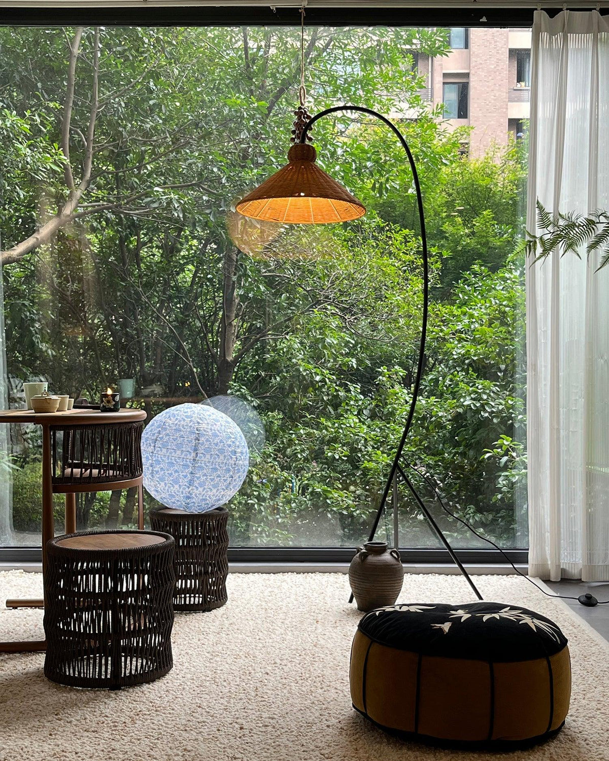 Sombrero Rattan Arc Floor Lamp