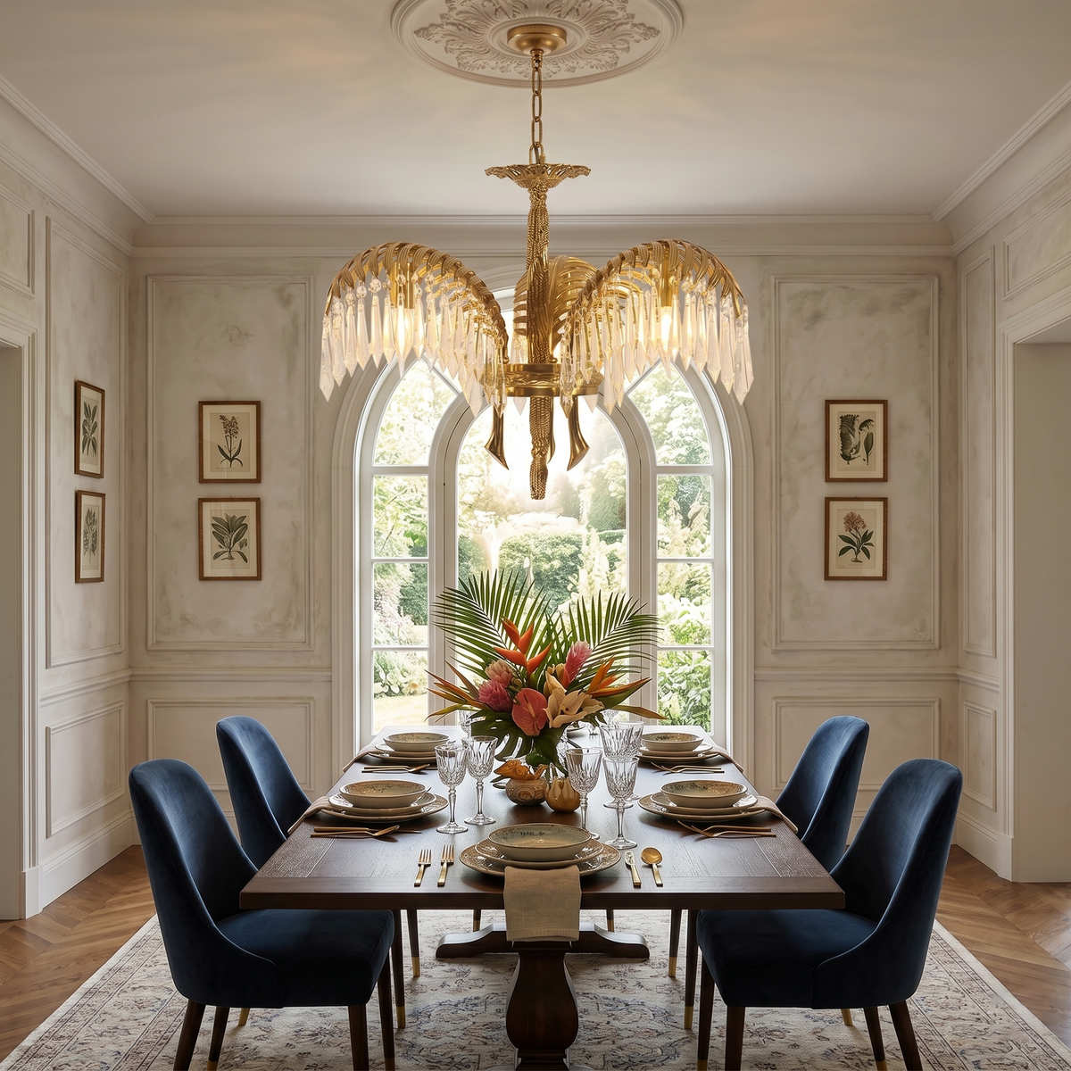 Peya Brass Palm Leaf Crystal Chandelier