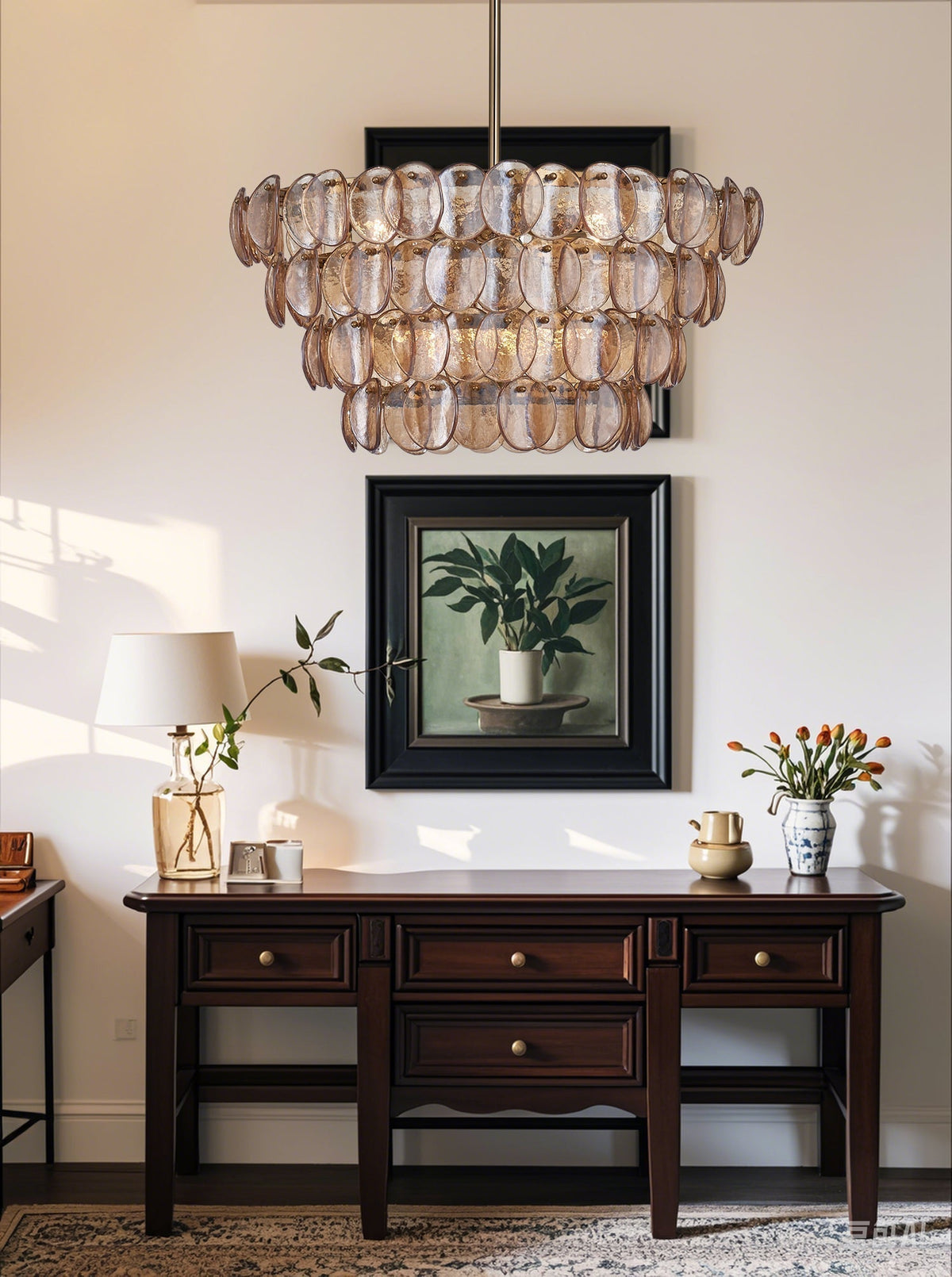 Lioroelle Chandelier Amber Glass Disc Fish Scale Brass