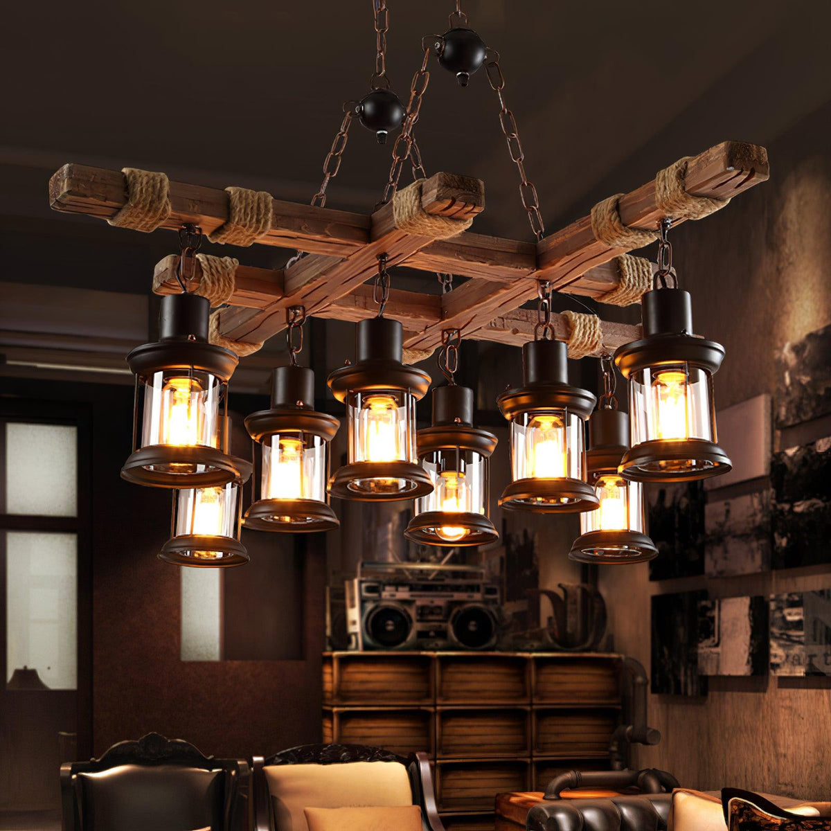 Rinoella Chandelier Vintage Wood Glass Retro