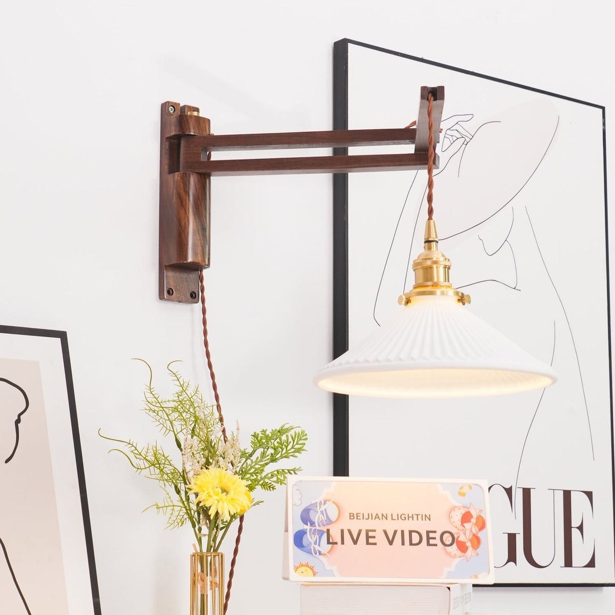 Evin Nordic Art Swing Arm Walnut Ceramic Wall Lamp