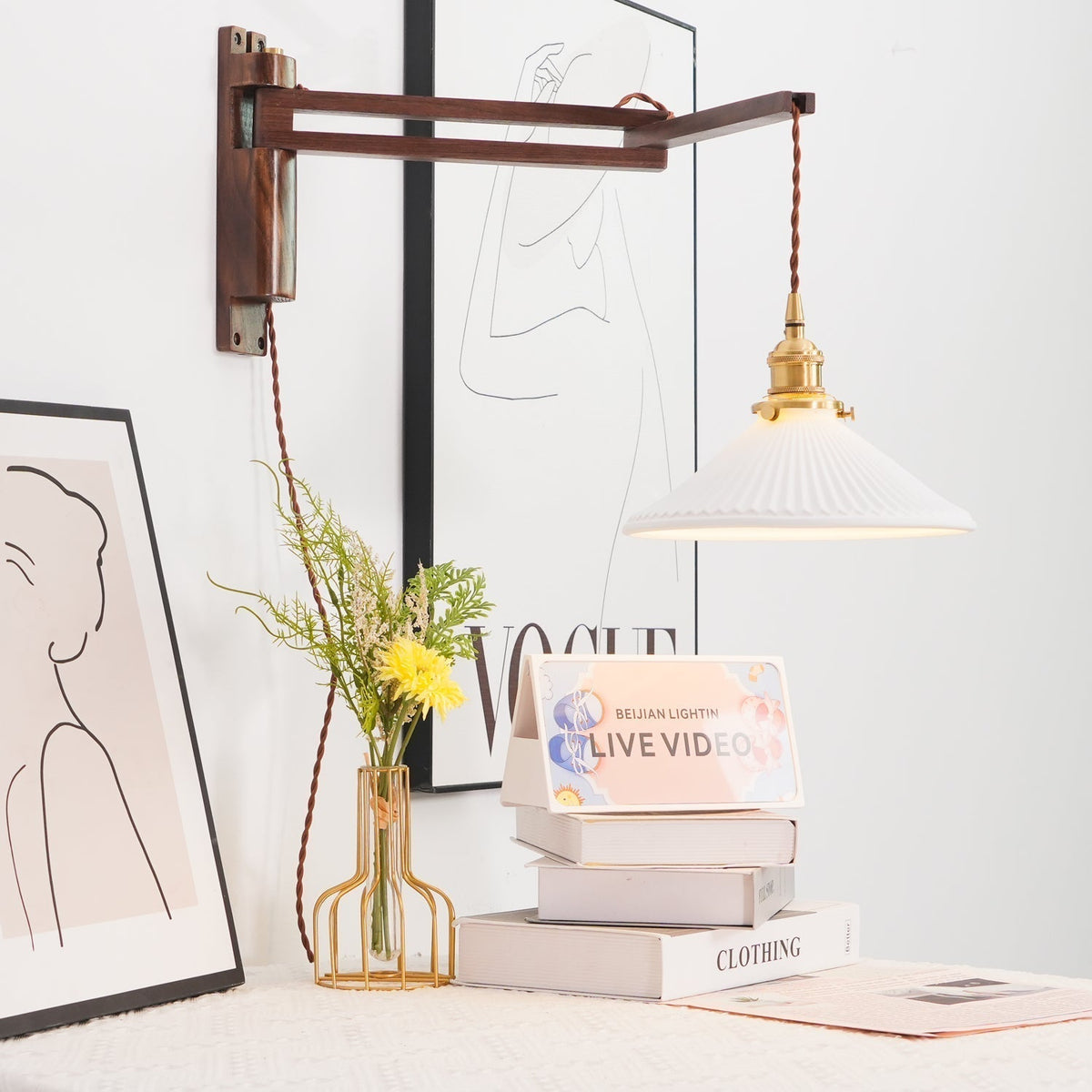 Esviel Nordic Art Swing Arm Walnut Ceramic Wall Light