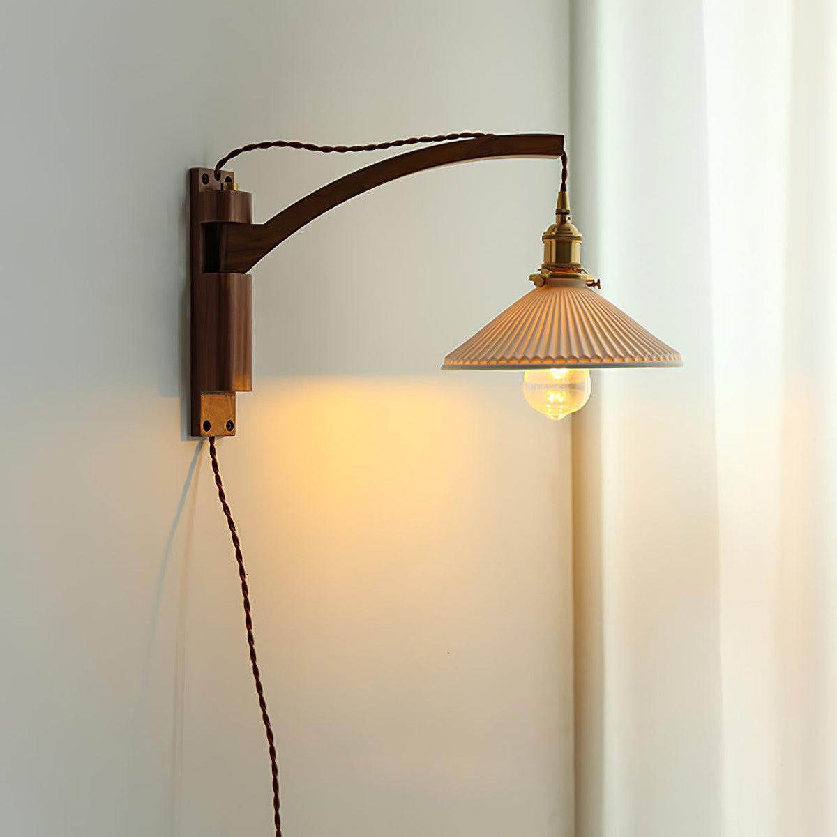 Evin Nordic Art Swing Arm Walnut Ceramic Wall Lamp