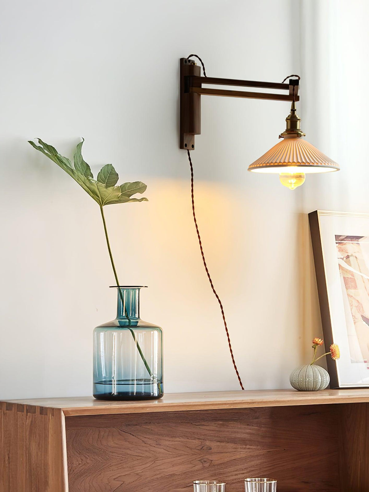 Esviel Nordic Art Swing Arm Walnut Ceramic Wall Light
