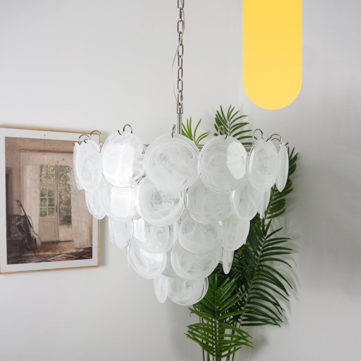 Veloelle Chandelier White Murano Glass Disc Contemporary