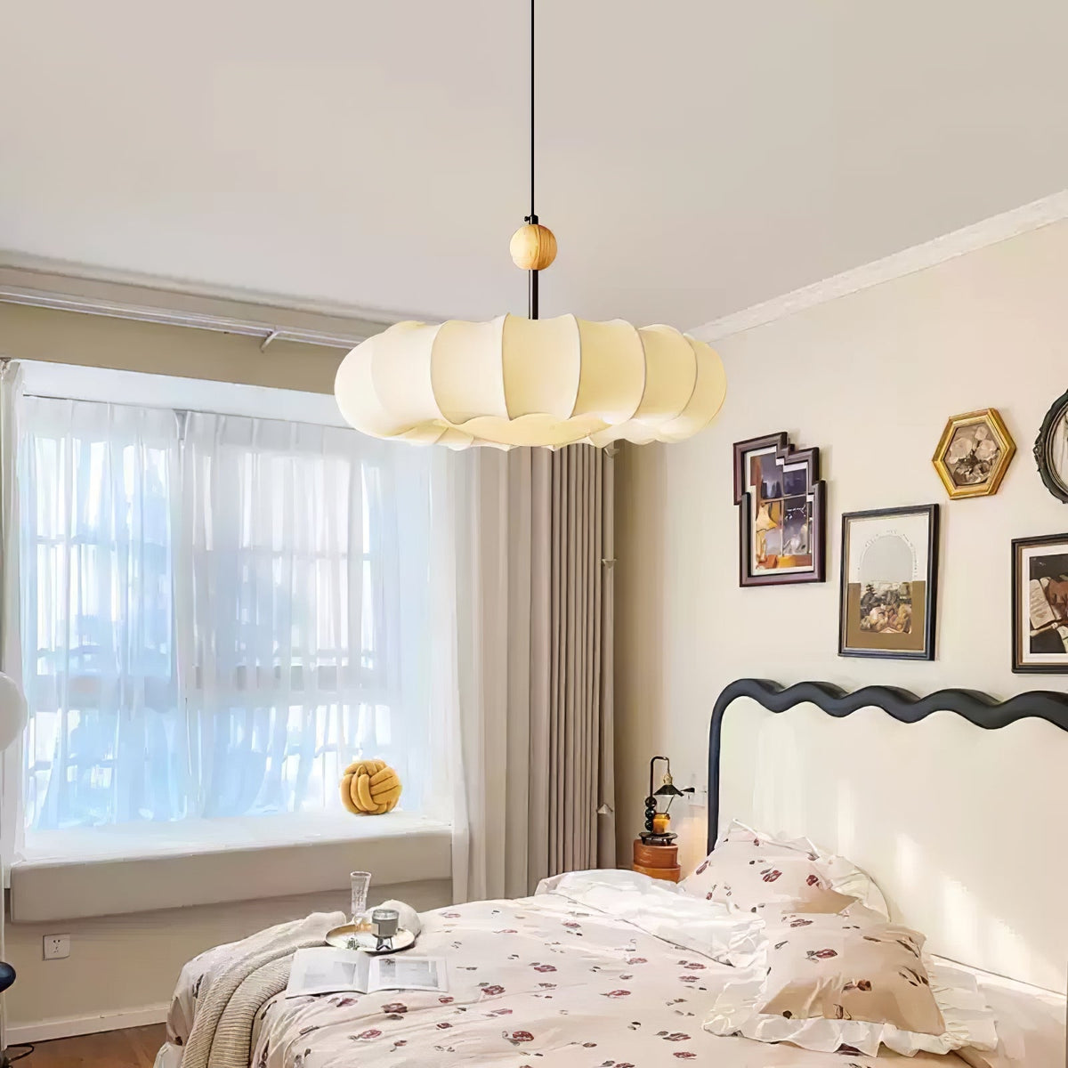 Embers Traditional Natural Veil Wood Fabric Pendant Light