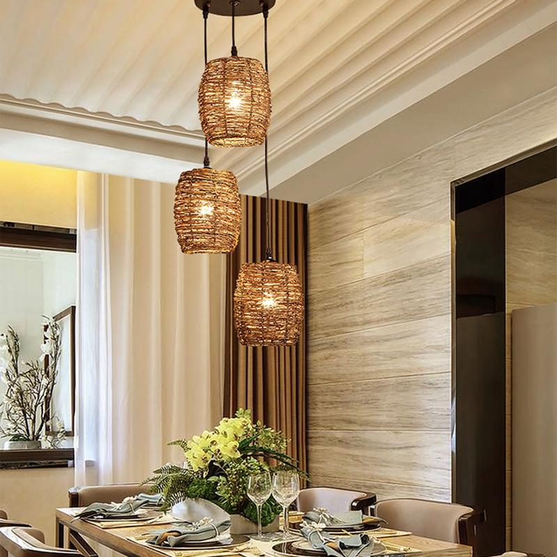 3 Piece Set of Transparent Burlywood Wicker Pendant Light Living Room Light - Lamp Outdoor