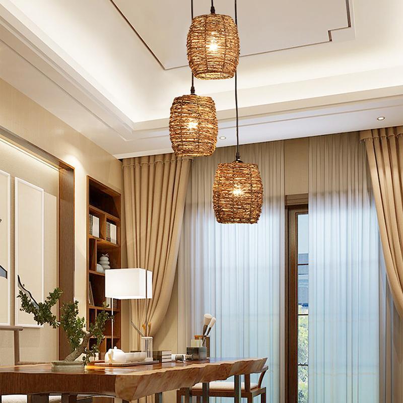 3 Piece Set of Transparent Burlywood Wicker Pendant Light Living Room Light - Lamp Outdoor