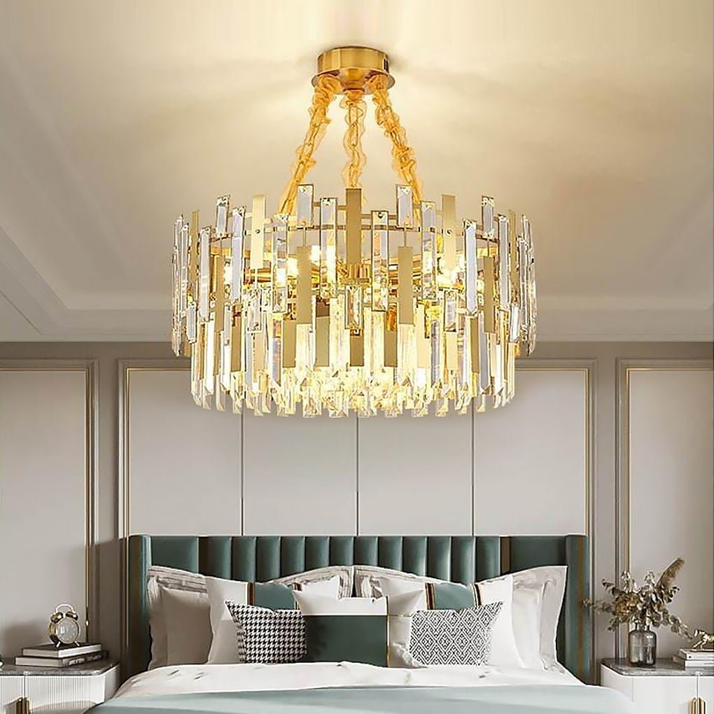 Queen Golden Crystal Chandelier - Modern Luxury, 9/12/17 Lights, Adjustable Height, 110-120V - Lamp Outdoor