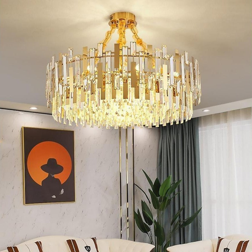 Queen Golden Crystal Chandelier - Modern Luxury, 9/12/17 Lights, Adjustable Height, 110-120V - Lamp Outdoor