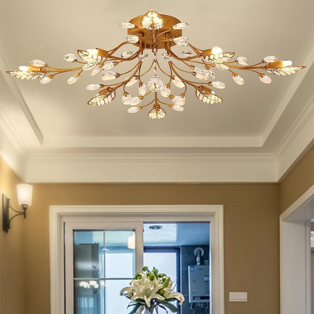 Vintage Crystal Branches Leaf Semi-Flush Mount Chandelier | 8-Light LED, 31.19'' Wide, Antique Brass - Lamp Outdoor