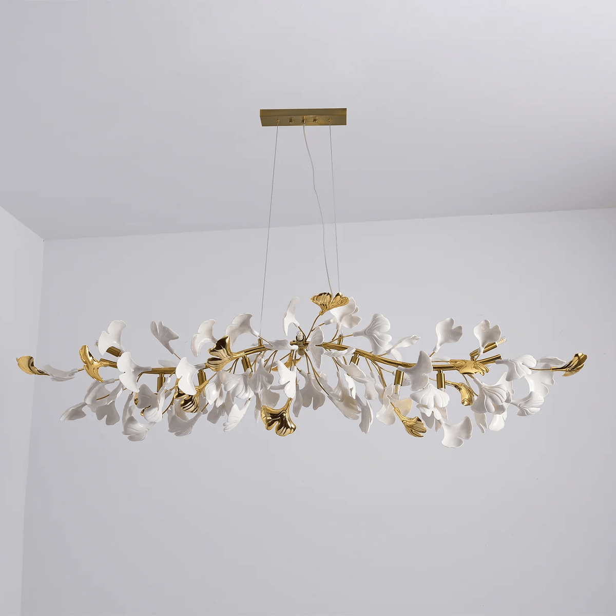 Dylo Chandelier Brass Linear Ginkgo Ceramic Petal Branch