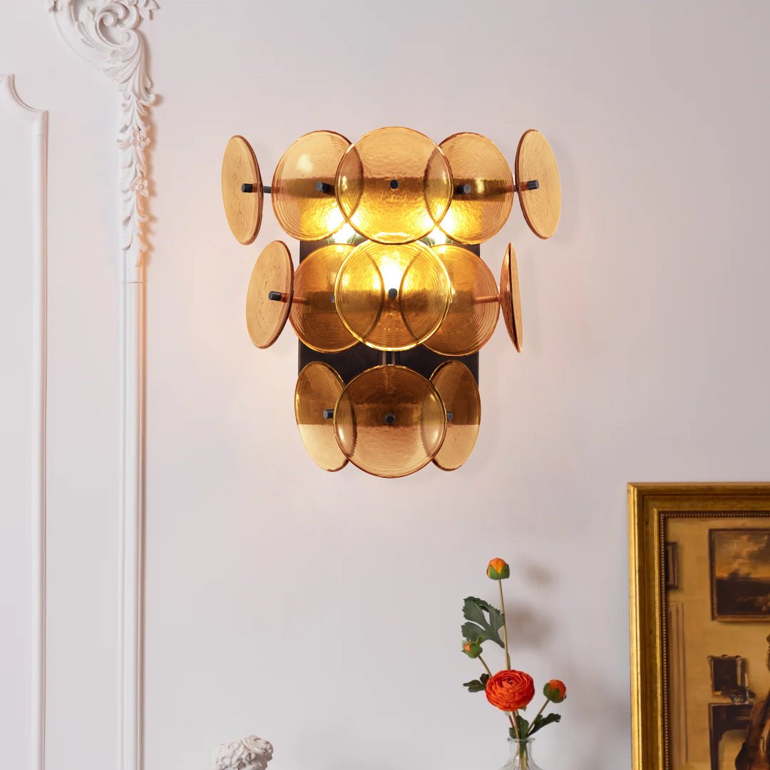 Taroe Wall Sconce Pressed Glass Disc Vintage Amber
