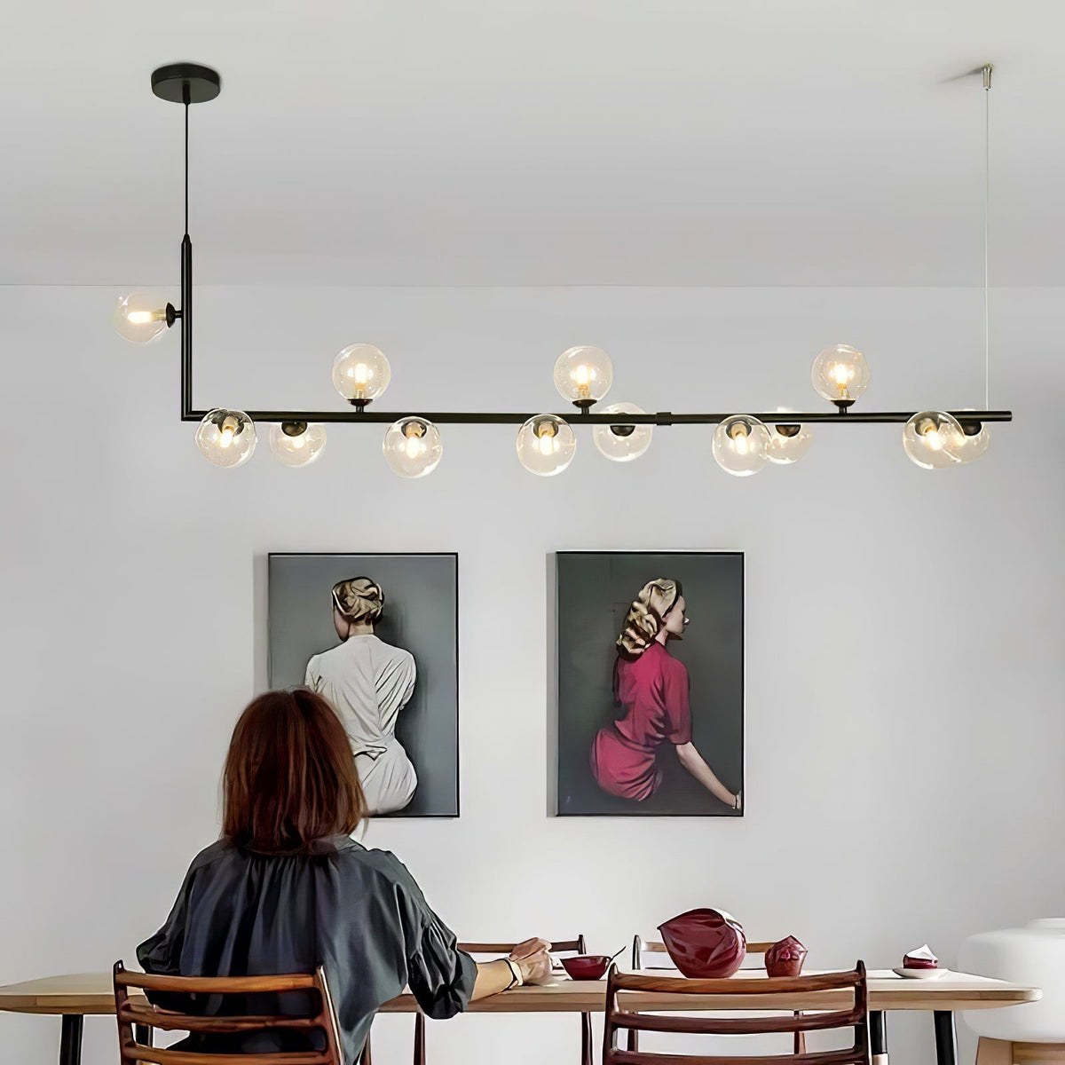Moss Chandelier Glass with Black Steel Linear