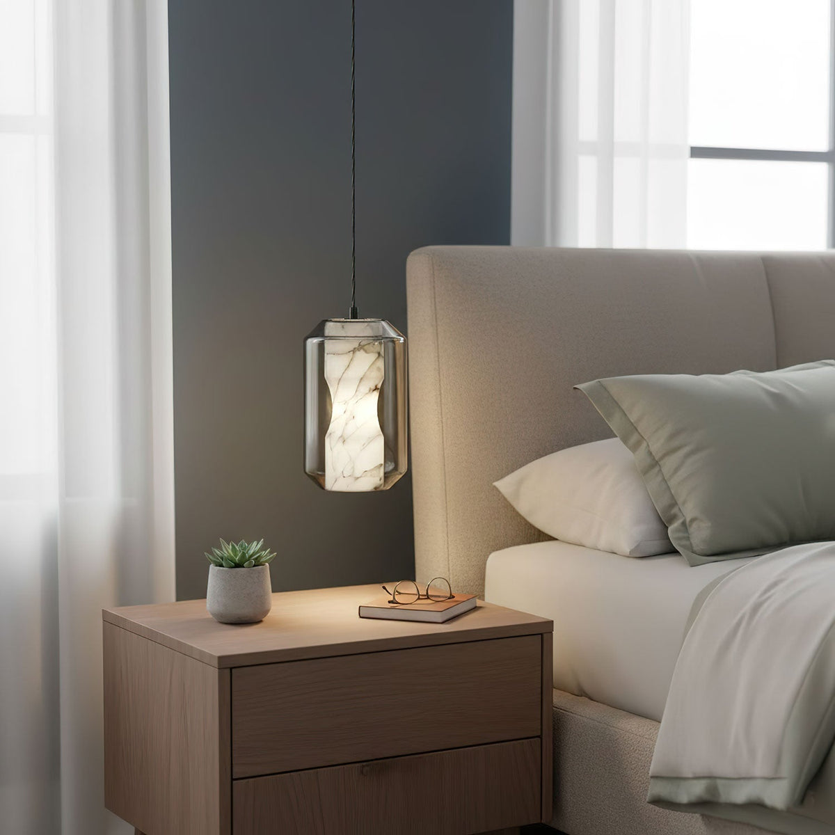 Yikia Alabaster Glass Cylinder Pendant Light