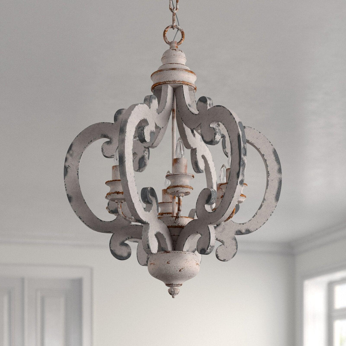 Rinaian Chandelier Scroll Wood Whitewashed Rustic