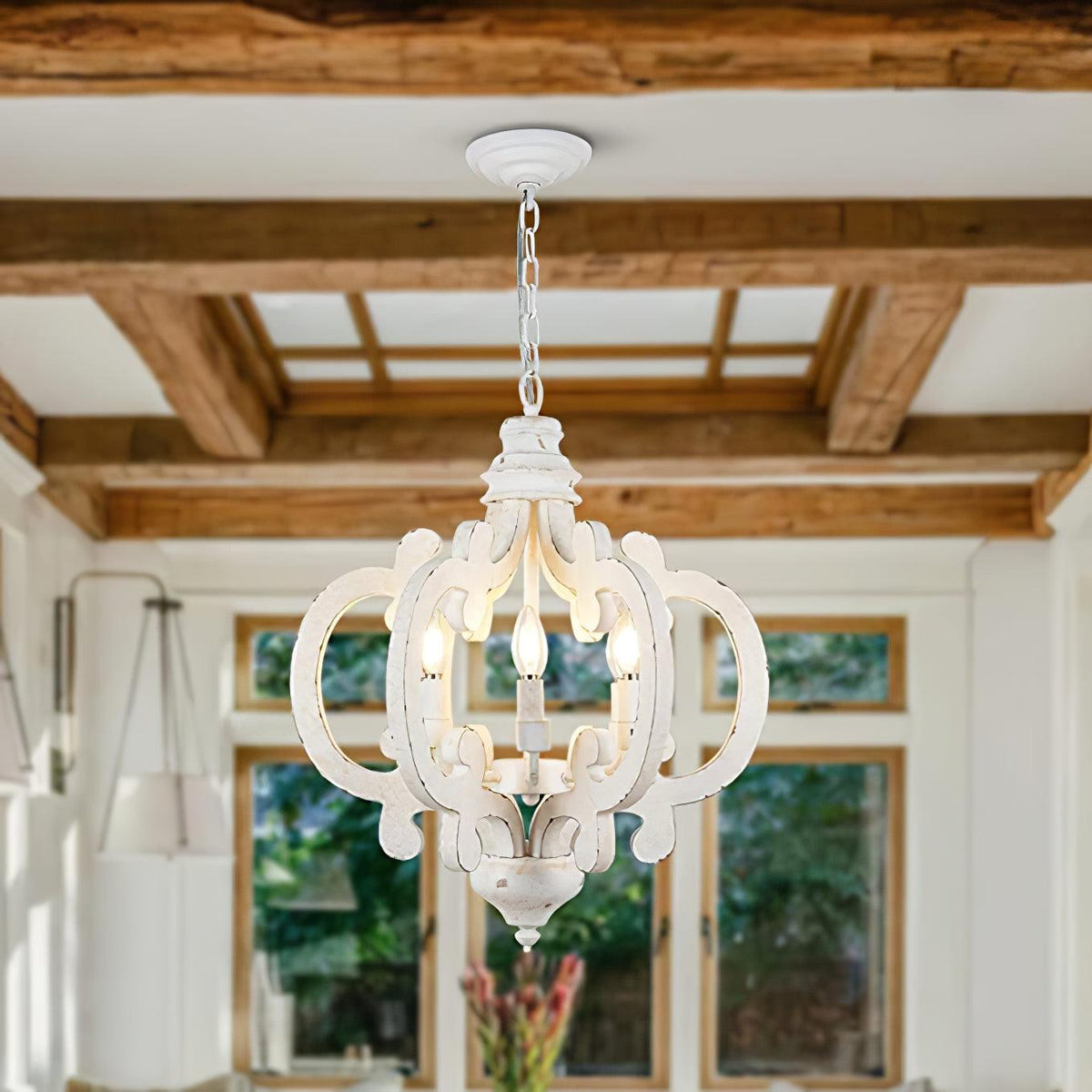 Rinaian Chandelier Scroll Wood Whitewashed Rustic
