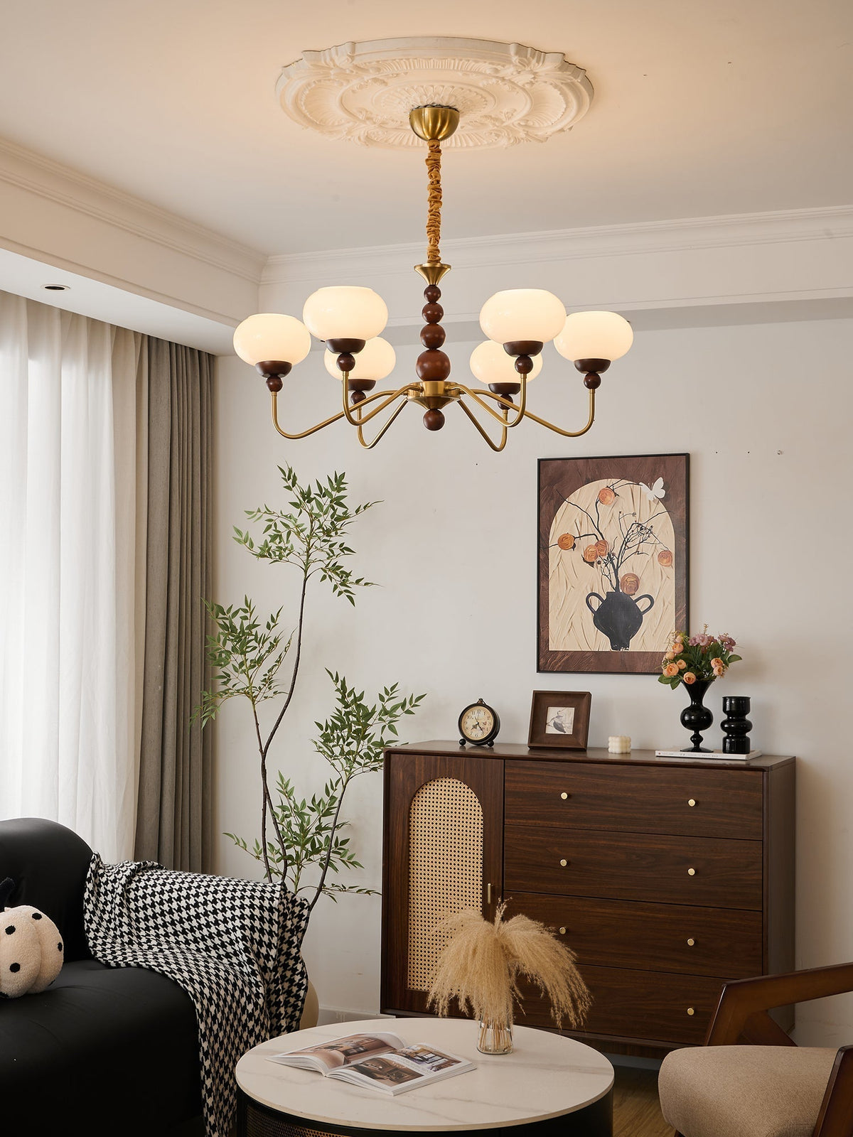 Sylaian Chandelier Glass Wood Brass Modern 6-Light