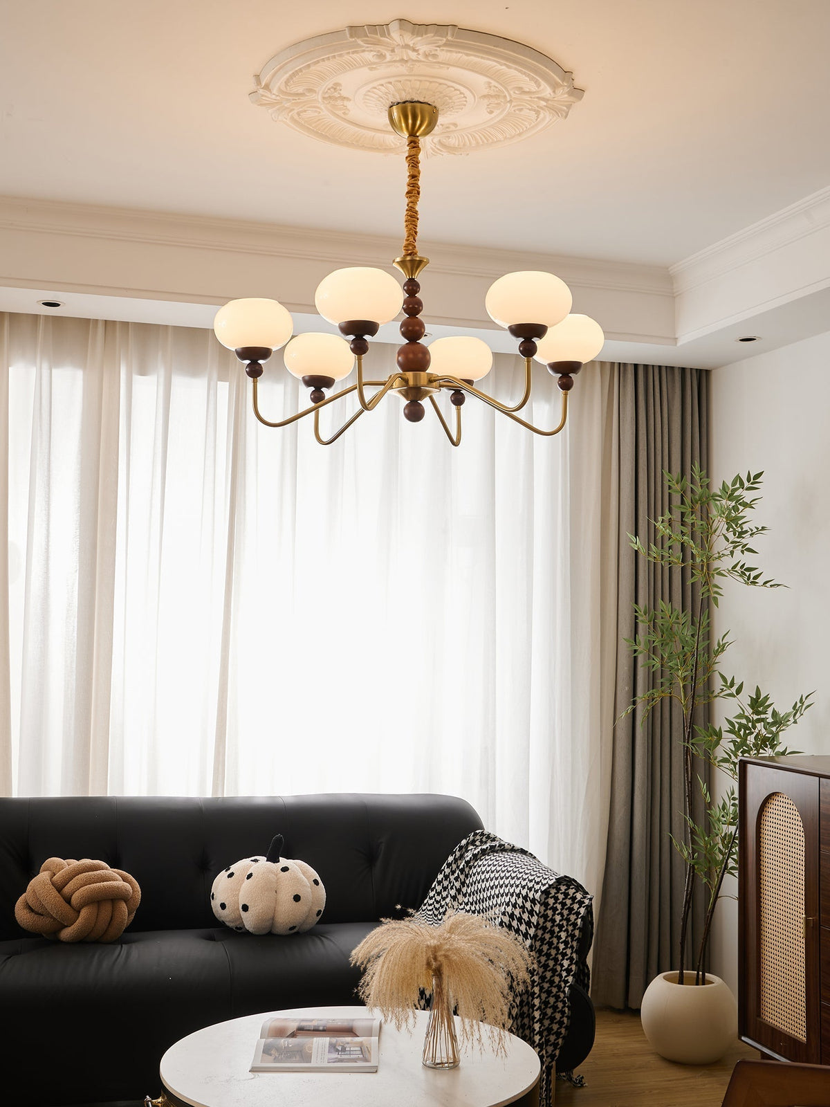 Sylaian Chandelier Glass Wood Brass Modern 6-Light