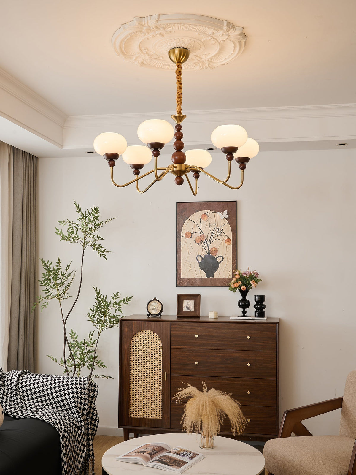 Sylaian Chandelier Glass Wood Brass Modern 6-Light