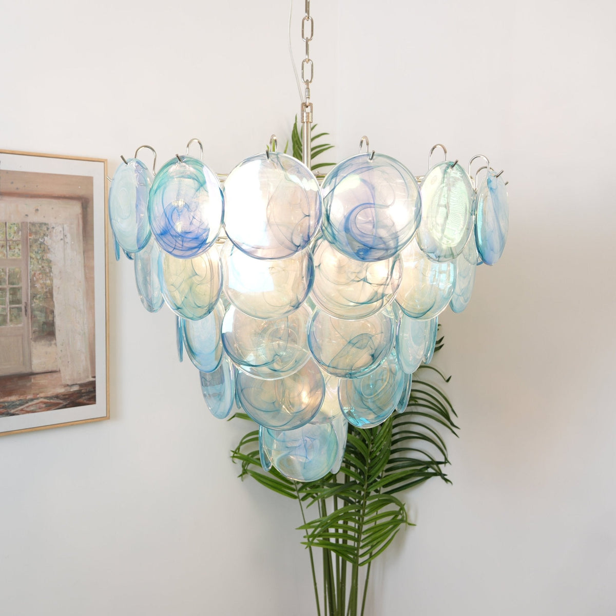 Veloissa Chandelier Blue Murano Glass Disc Elegant