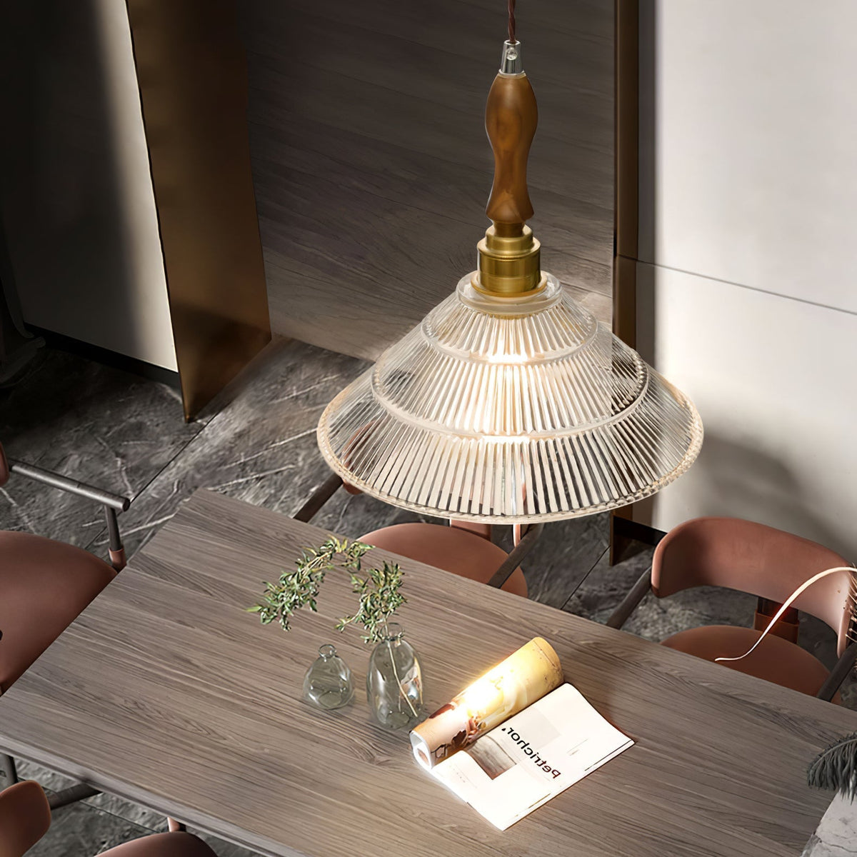 Arcara Vintage Ripple Glass Wood Pendant Lamp
