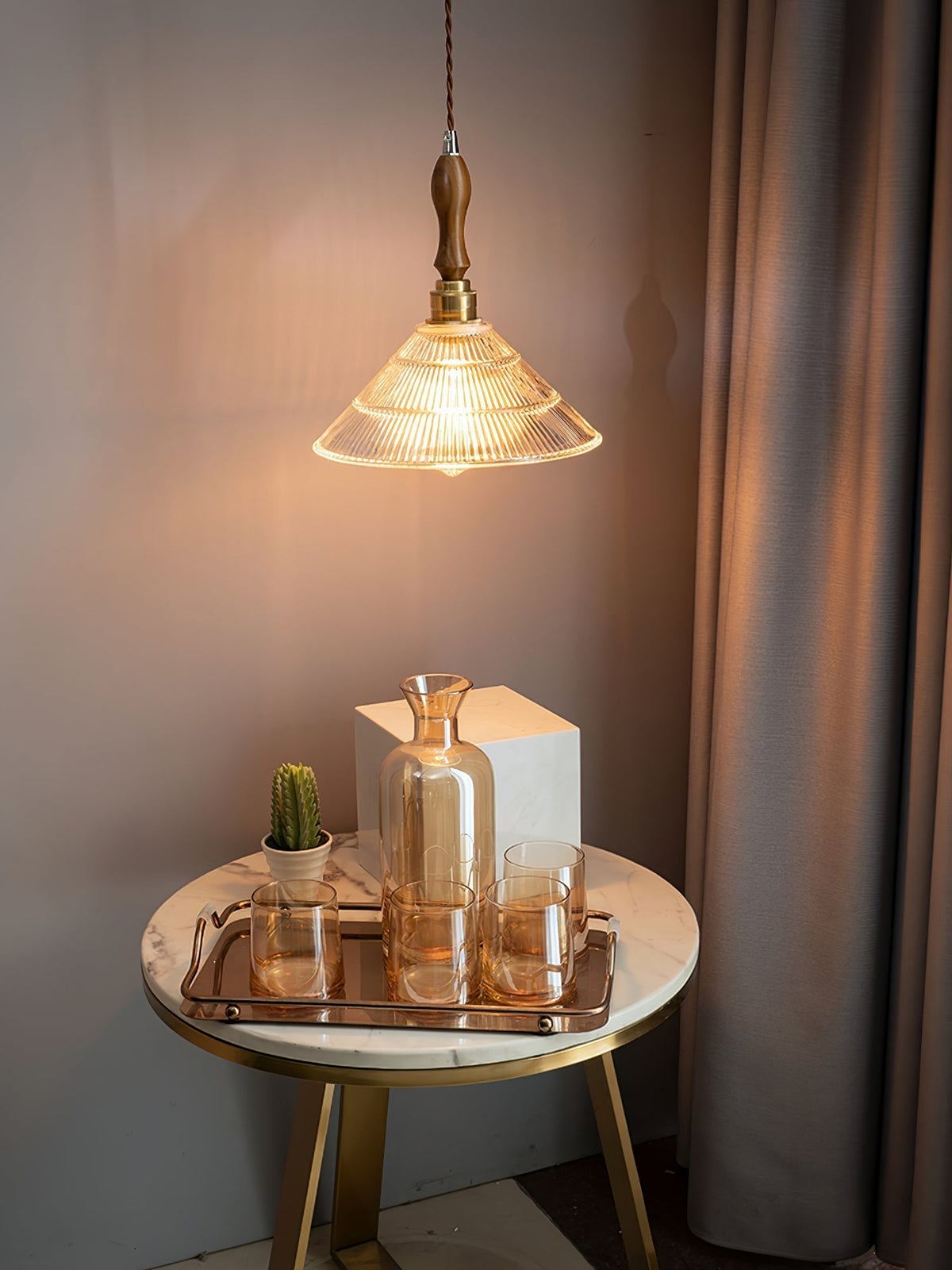 Arcara Vintage Ripple Glass Wood Pendant Lamp
