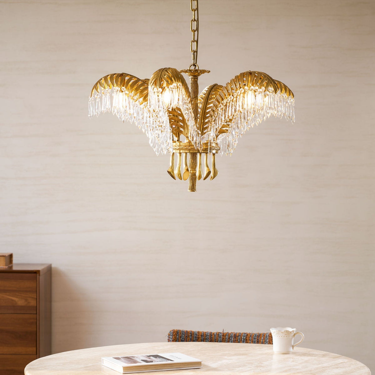 Peya Brass Palm Leaf Crystal Chandelier