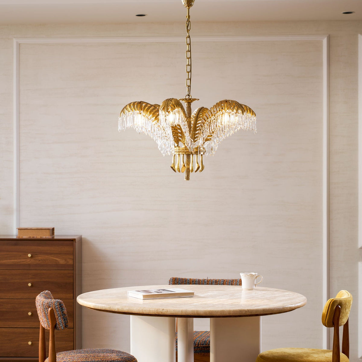 Peya Brass Palm Leaf Crystal Chandelier