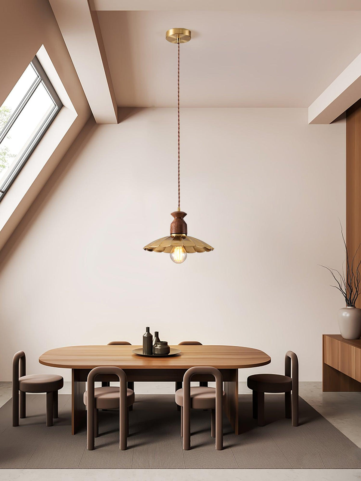 Qior Brass Classic Elegance Crest Wood Pendant Light