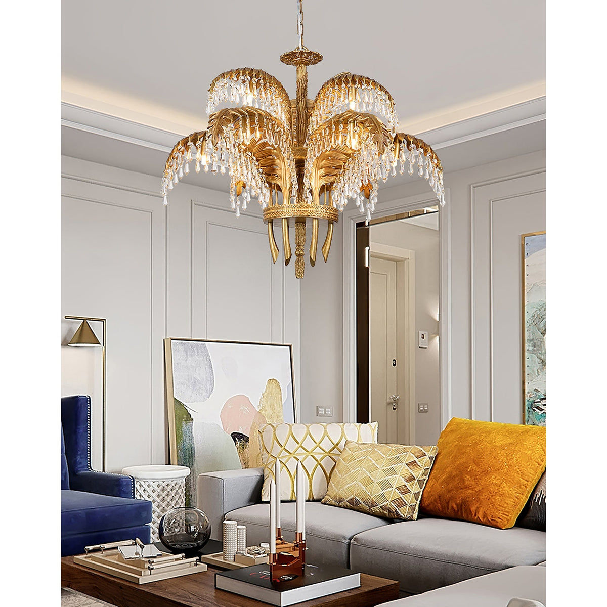 Peya Brass Palm Leaf Crystal Chandelier