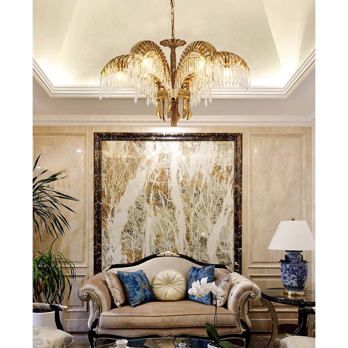 Peya Brass Palm Leaf Crystal Chandelier