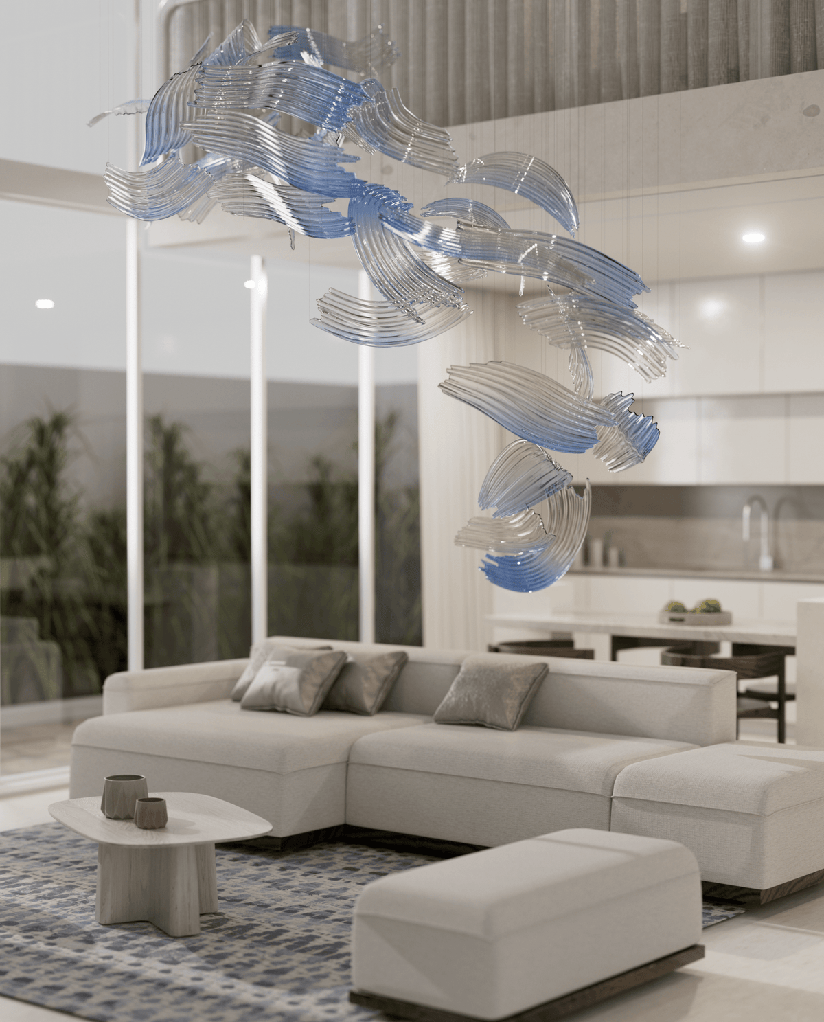 Indigo Brush Abstract Art Blue &Clear  Glass Chandelier