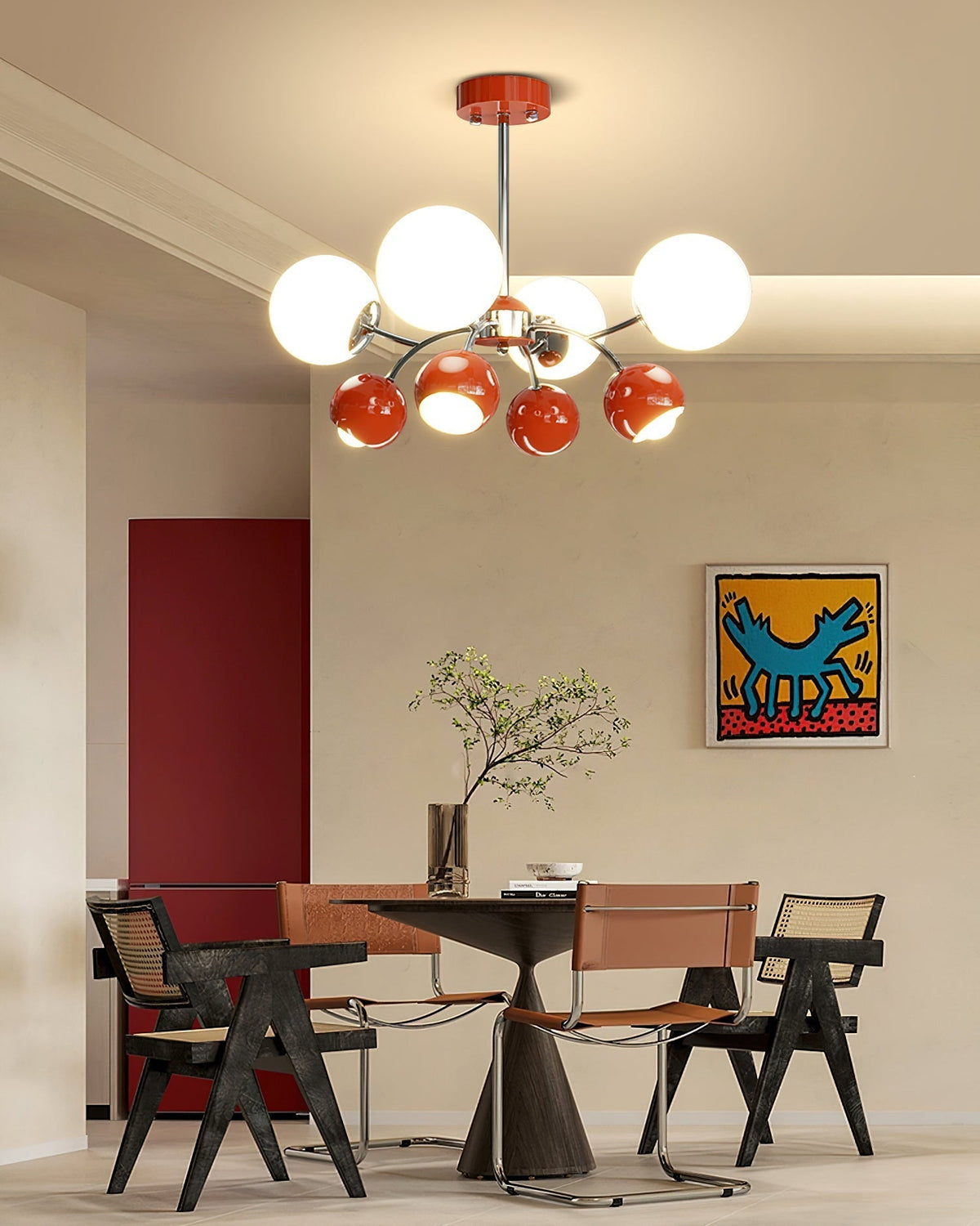 Noxiren Chandelier Chrome Red Cream Globe