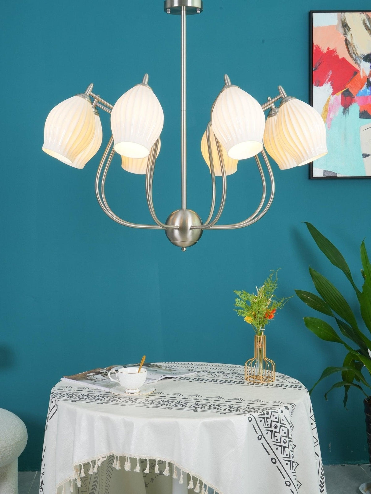 Pravin Chandelier Ceramic Ribbed Sculptural Glass Elegant