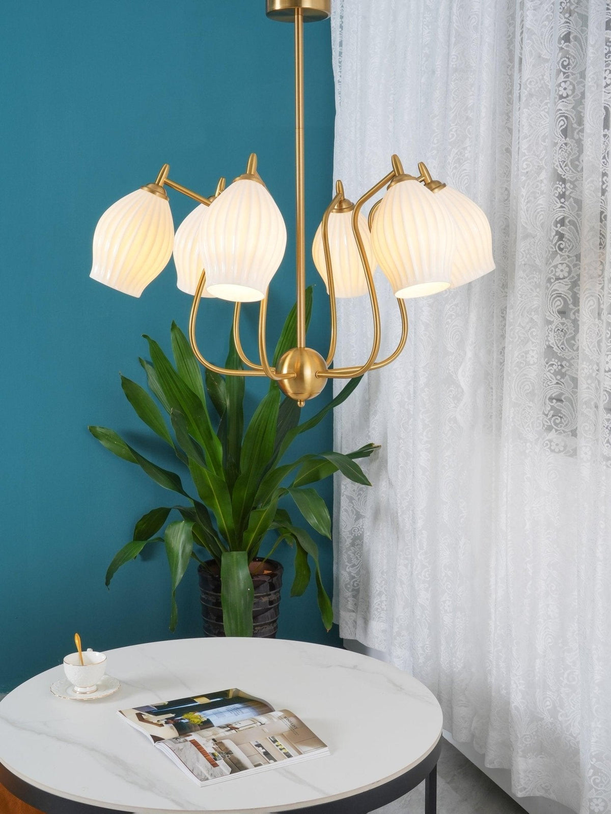 Pravin Chandelier Ceramic Ribbed Sculptural Glass Elegant