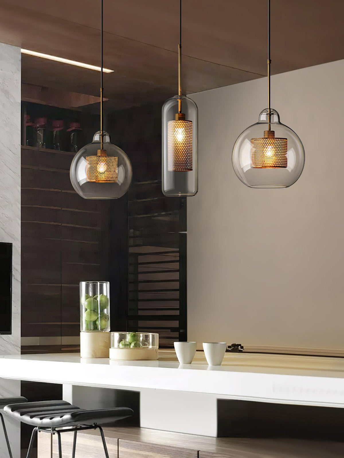 Eiruiella Pendant Lamp Glass Gold Mesh for Dining Room