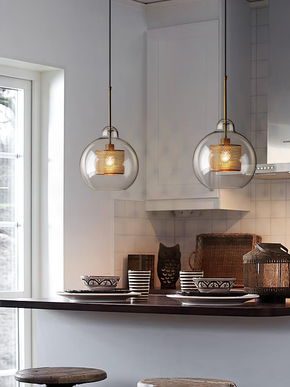 Eiruiella Pendant Lamp Glass Gold Mesh for Dining Room