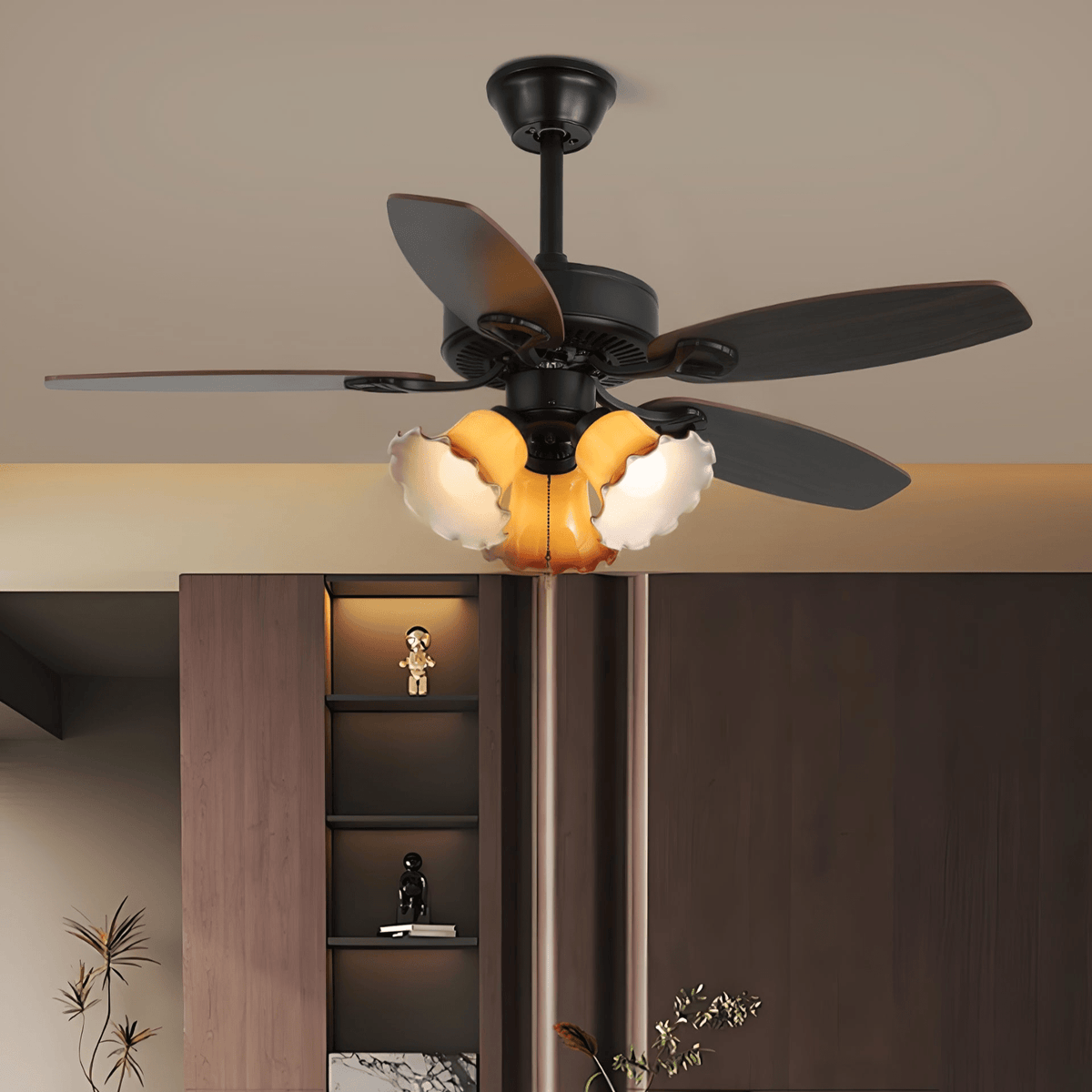 Calviera Vintage Wood Glass Ceiling Fan Light